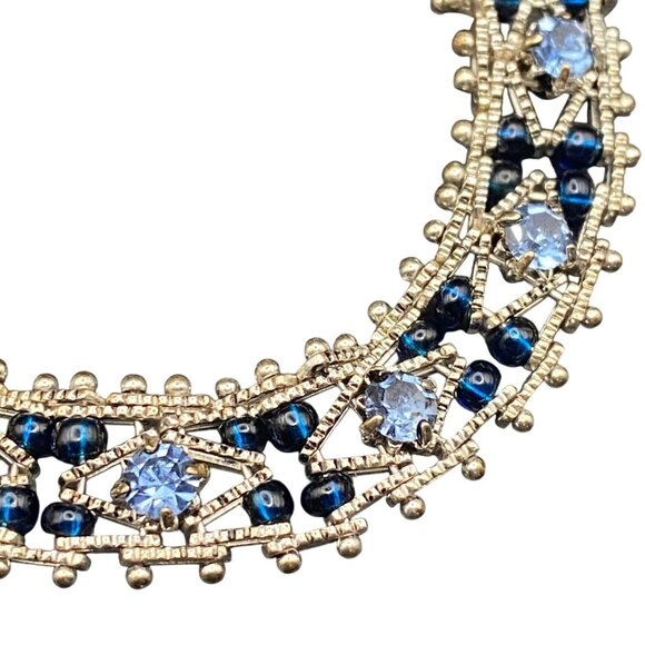 Vintage Silver Tone Faux Blue Sapphire Bracelet Filigree Bead  7" Art Deco Style - Picture 2 of 7